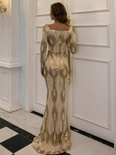 Square Neck Geo Sequin Golden Dress